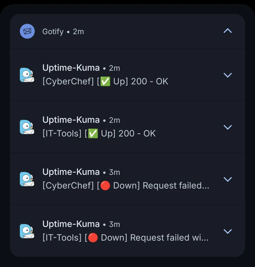 Gotify: Uptime-Kuma reporting the two services down and back up