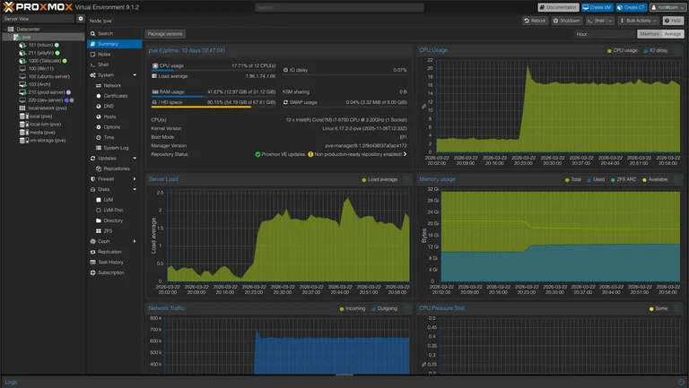 Proxmox GUI showing Ubuntu and Arch virtual machines